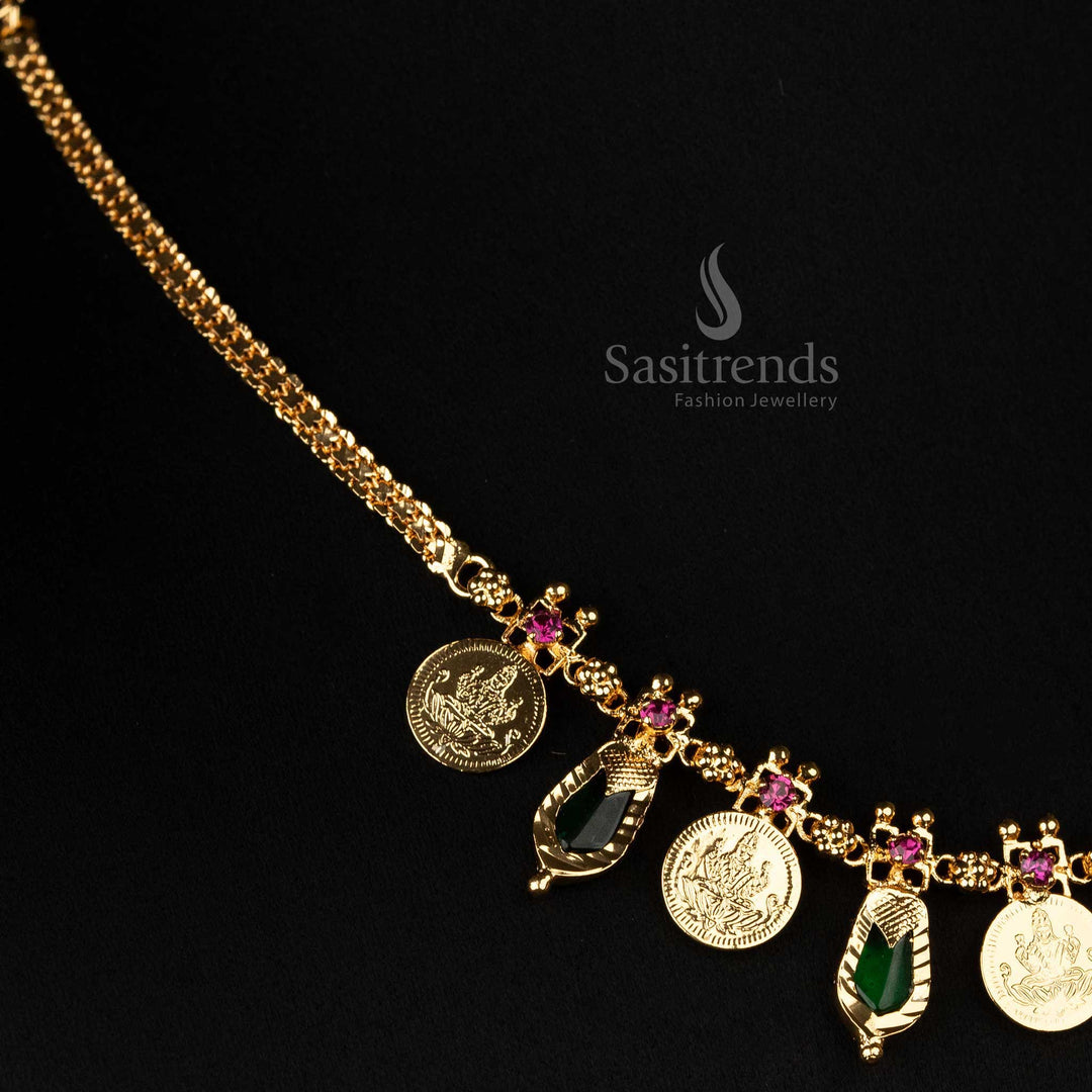 Traditional Lakshmi Coin and Katta Palakka necklace, featuring a dual-layer chain and gold-plated finish – Sasitrends