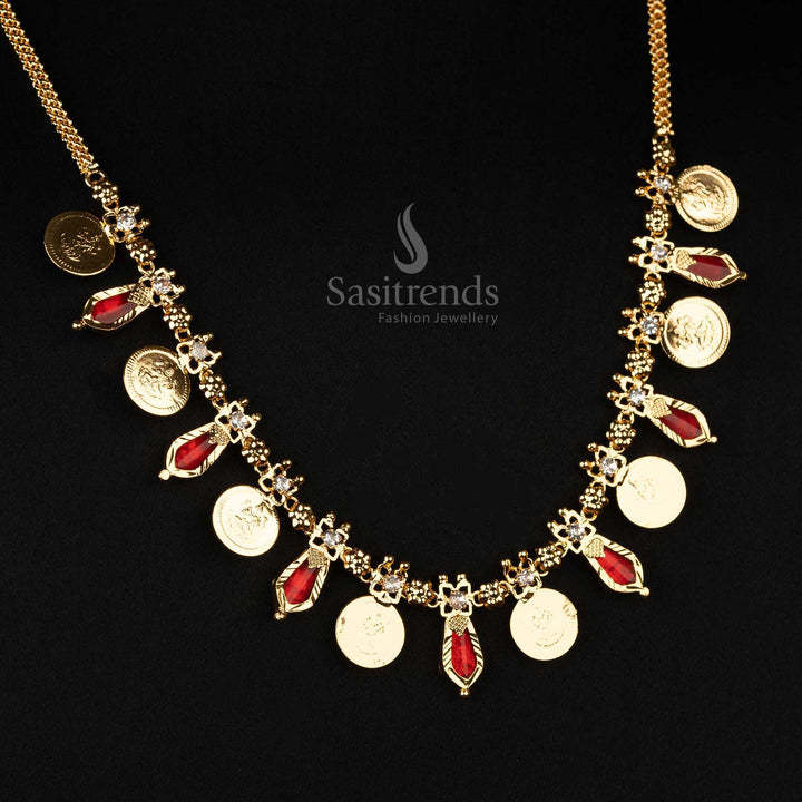 Elegant Kerala-style 8 Lakshmi coin gold plated with 7 Katta Nagapadam necklace in passionate red, ideal for festive occasions - Sasitrends
