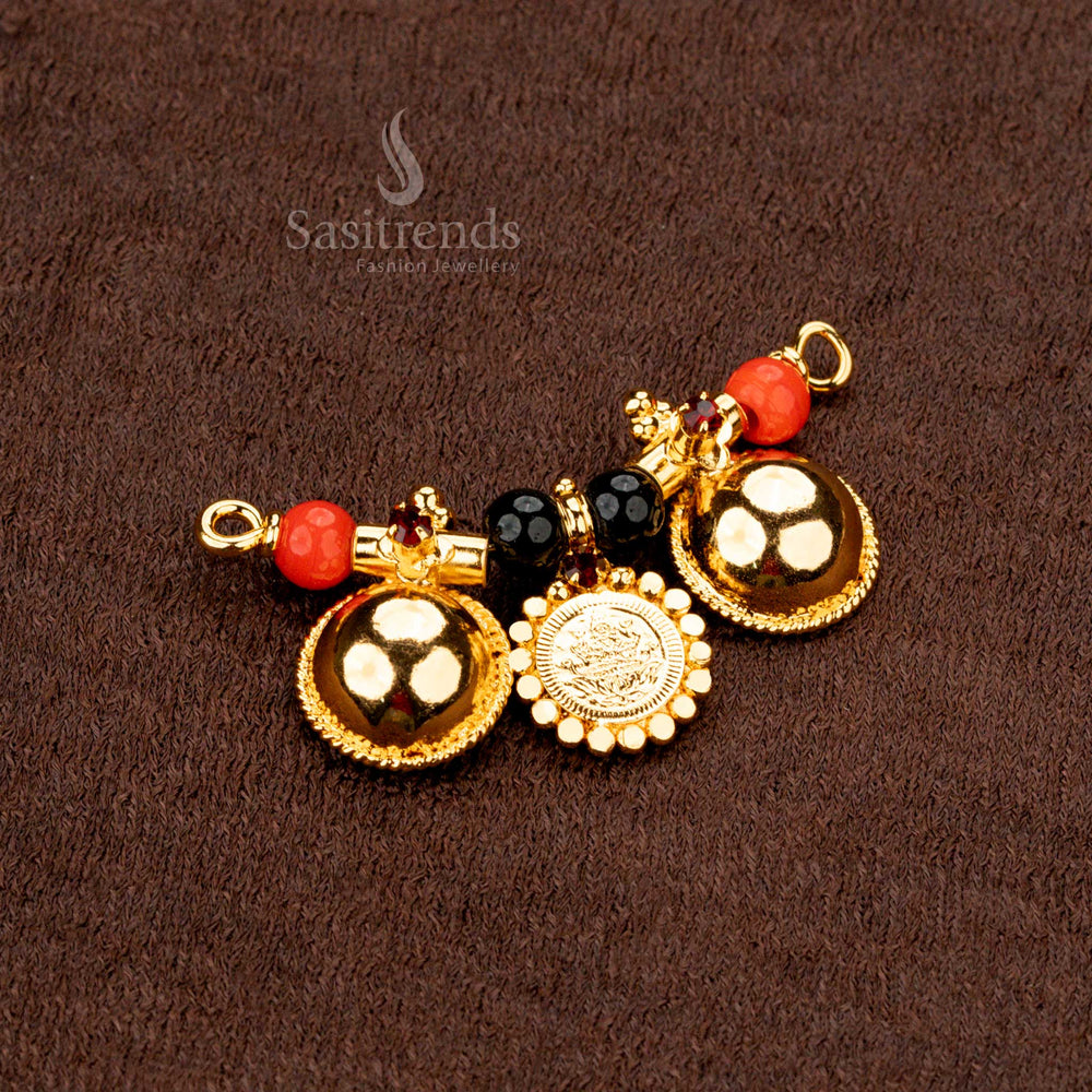 Micro Gold Plated Thali Pendant with Lakshmi Coin, Black Beads & AD Stones - Sasitrends