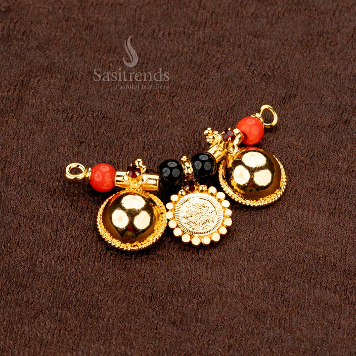 Micro Gold Plated Thali Pendant with Lakshmi Coin, Black Beads & AD Stones - Sasitrends