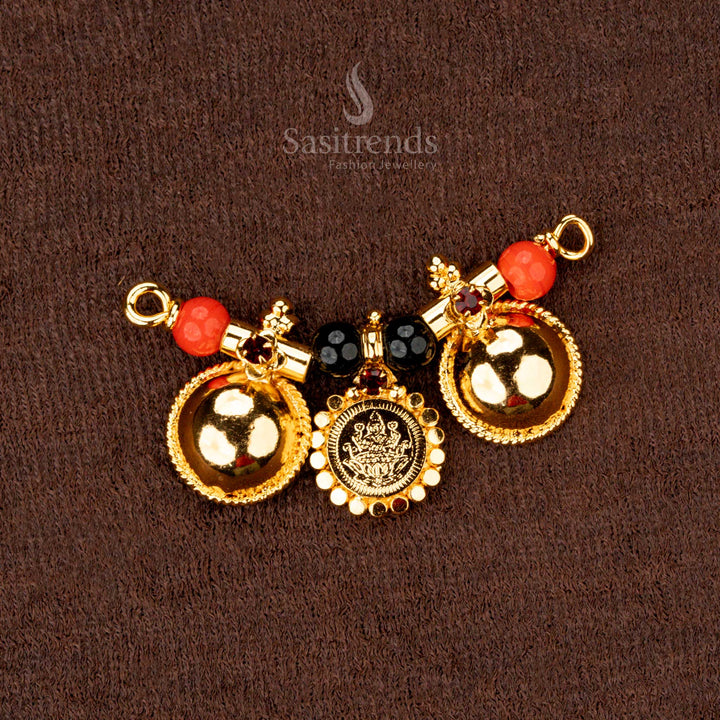 Micro Gold Plated Thali Pendant with Lakshmi Coin, Black Beads & AD Stones - Sasitrends