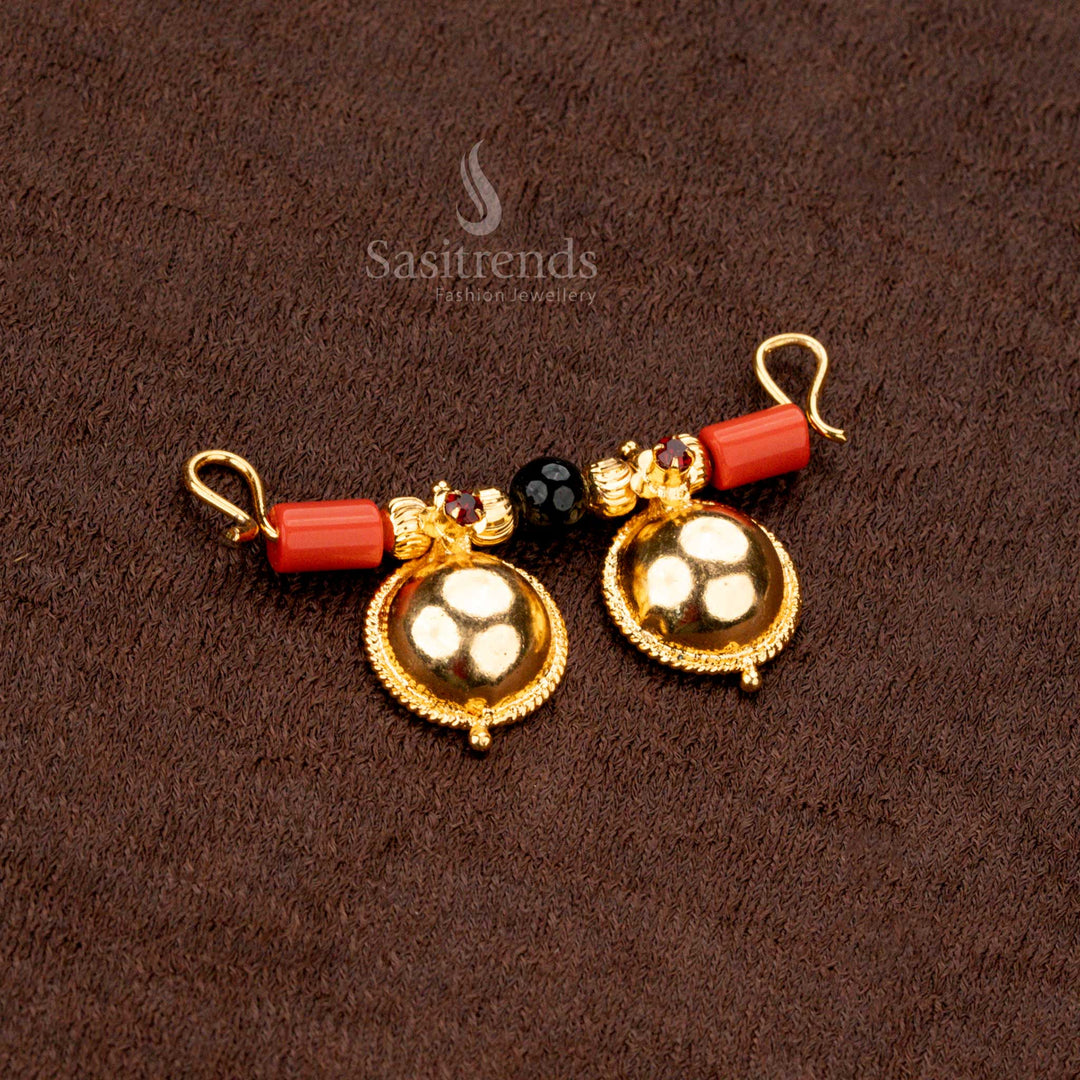 Micro Gold Plated Thali Pendant with Black Beads, Pavalam & AD Stones - Sasitrends