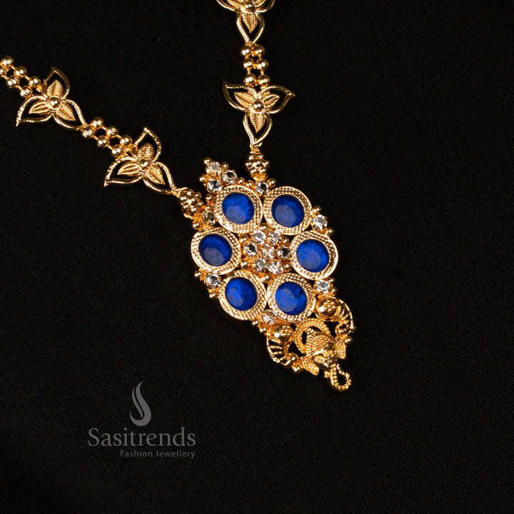 Grandiose antique micro gold plated Kerala Palakka necklace with royal blue-white floral and round pendant, featuring a sacred Vinayagar motif, dazzling AD stones - Sasitrends