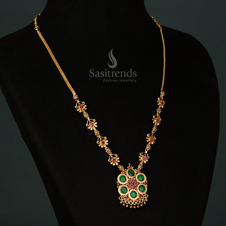 Amazing Kerala-Style One Gram Micro Gold Plated Designer Stone Floral and Round Pendant Palakka Necklace - Sasitrends