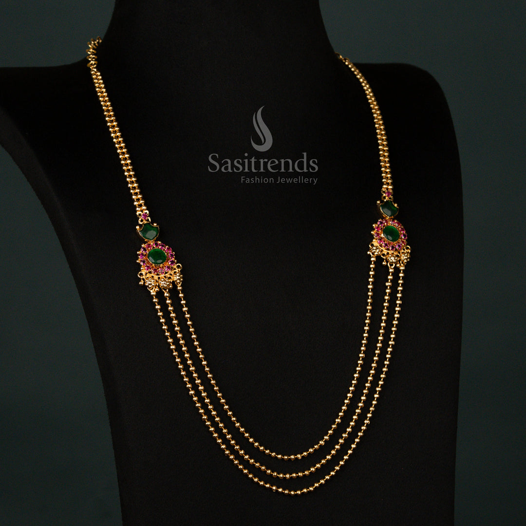 Majestic micro gold plated three-layer Kerala-style Palakka Haram necklace in vivid green, adorned with detailed craftsmanship, an ethnic charm, and a traditional jewellery radiance - Sasitrends