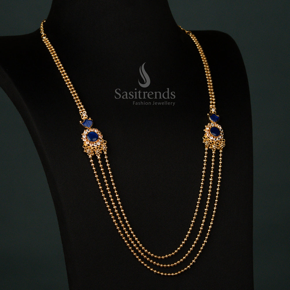 Opulent micro gold plated three-layer Kerala Palakka Haram necklace in rich blue, showcasing an ornate design, exquisite heritage craftsmanship, and an elegant jewellery statement - Sasitrends