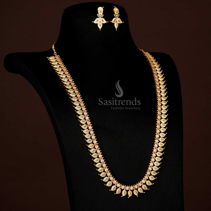American Diamond Micro Gold Plated Leaf Mango Pattern Short & Long Haram Necklace Jewellery Set - Sasitrends