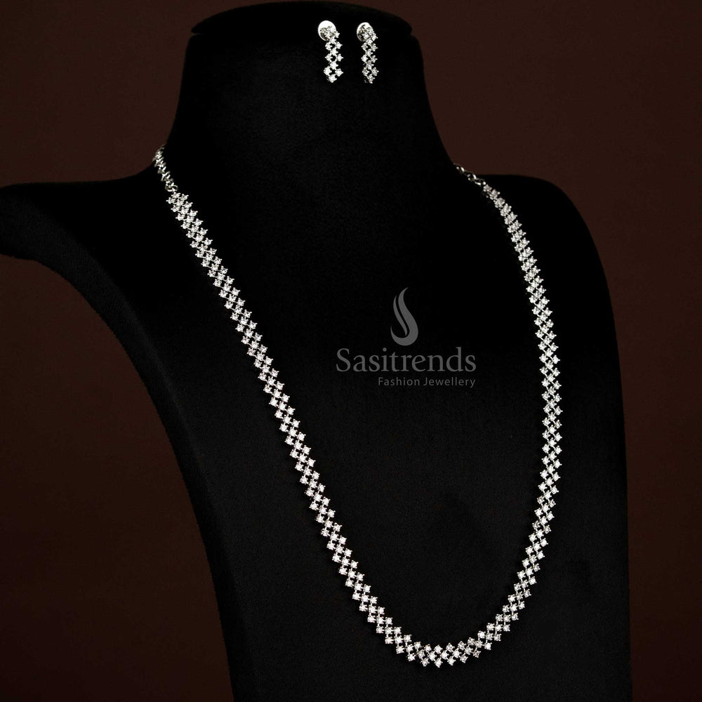 Graceful Silver White American Diamond Micro Gold Plated Long Necklace Jewellery Set With Sleek Geometric Cluster Motifs For Reception And Party Wear - Sasitrends