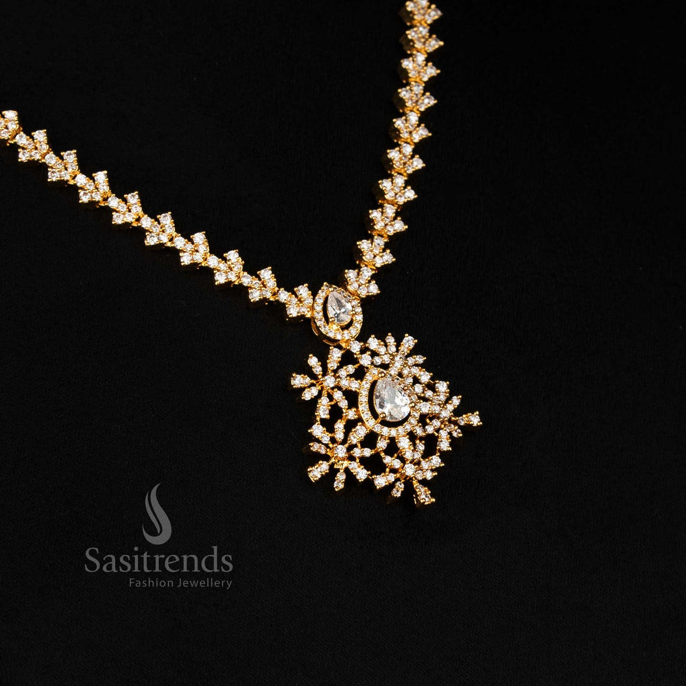 Glimmering white American Diamond sunburst design pendant necklace set in micro gold finish – stunning festive jewellery perfect for weddings and special occasions – Sasitrends