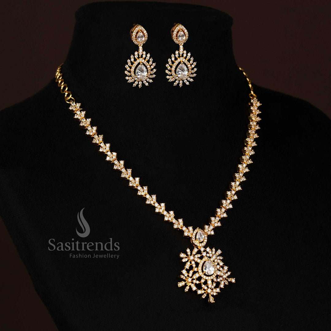 Radiant American Diamond sunburst pendant necklace set with sparkling white stones and micro gold plated chain – classic elegant jewellery for traditional and party looks – Sasitrends