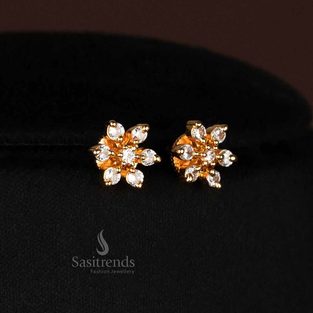 Elegant one gram white Earrings set adorned with sparkling American diamond stones, dainty floral motifs and matching earrings in fine micro gold plating – graceful festive jewellery – Sasitrends