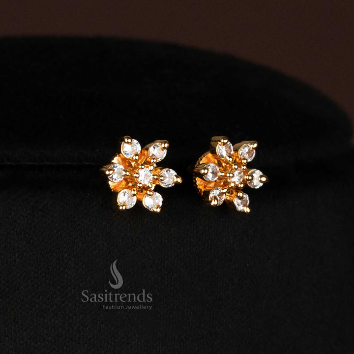 Elegant one gram white Earrings set adorned with sparkling American diamond stones, dainty floral motifs and matching earrings in fine micro gold plating – graceful festive jewellery – Sasitrends
