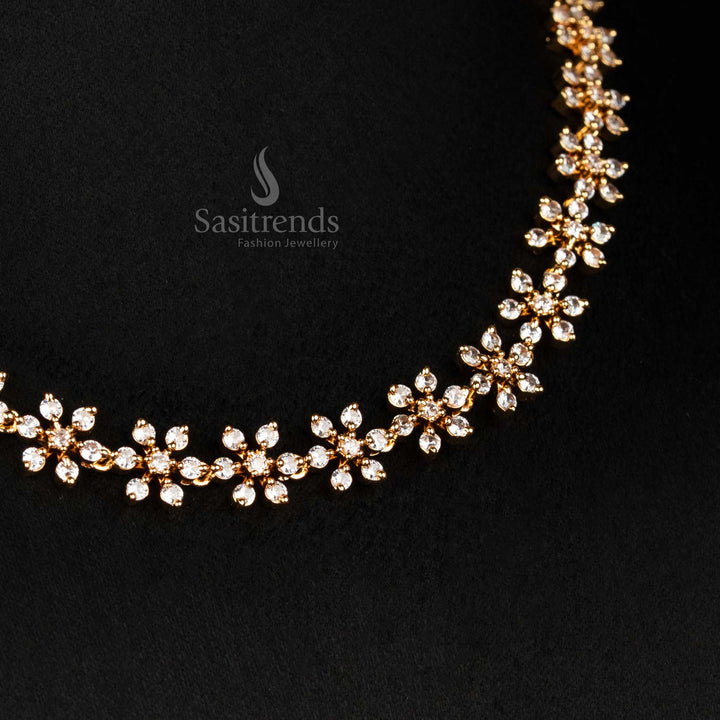 Regal micro gold plated white floral necklace set with brilliant American diamond stones and delicate matching earrings – perfect for traditional festive charm and saree occasions – Sasitrends