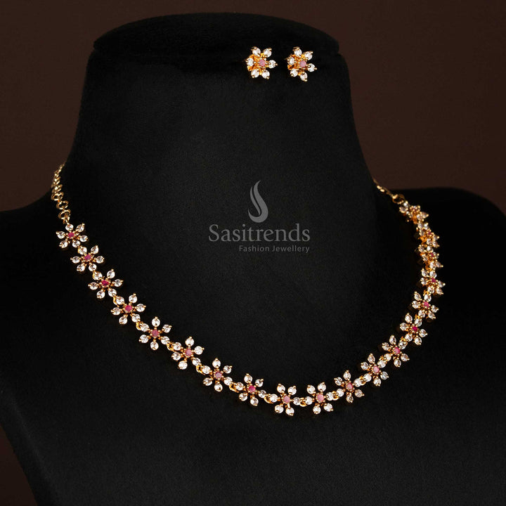 Charming white-ruby floral design necklace set crafted in micro gold plating with dazzling American diamond stones and matching festive earrings – radiant jewellery set for ethnic events – Sasitrends