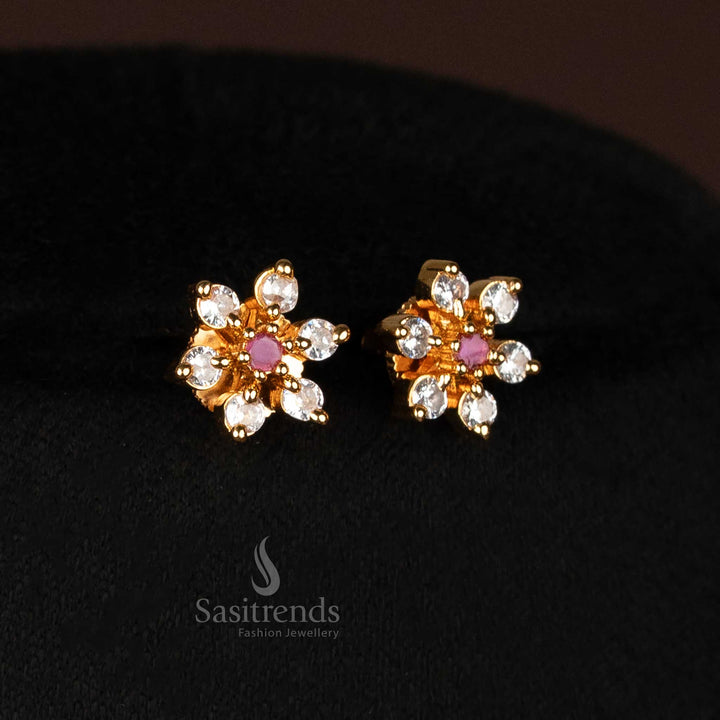 Sparkling one gram white-ruby  earrings combo featuring radiant AD stone highlights and floral carvings in micro gold finish – crafted for graceful occasions – Sasitrends