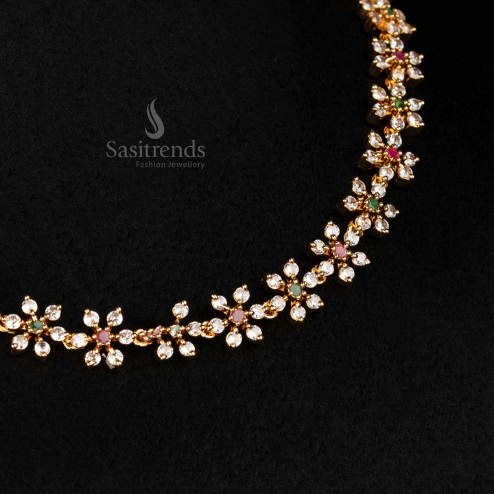 Radiant multi-colour floral necklace set with glittering AD stones and coordinating earrings in micro gold plated one gram finish – stunning ethnic jewellery for celebrations – Sasitrends