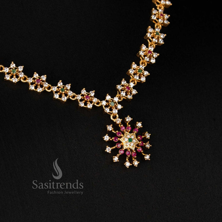 Stunning American Diamond Micro Gold Plated Multi Colour Star Floral Necklace Jewellery Set With Traditional Stone Mix And Festive Brilliance - Sasitrends
