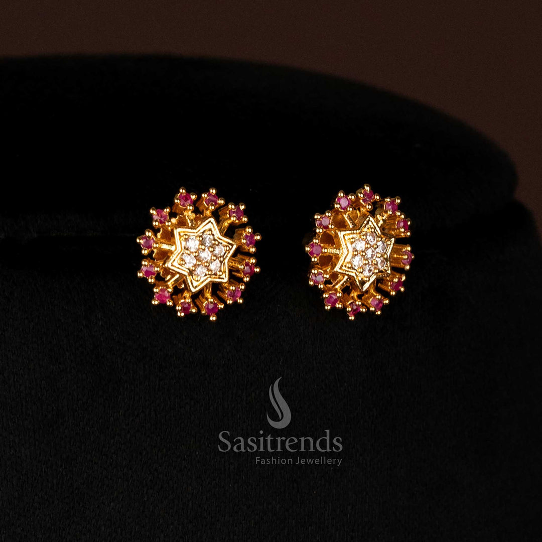 Elegant American Diamond Micro Gold Plated White Ruby Star Floral Earrings Set With Kemp Stones And Glossy Gold Like Finish Perfect For Saree Wear - Sasitrends