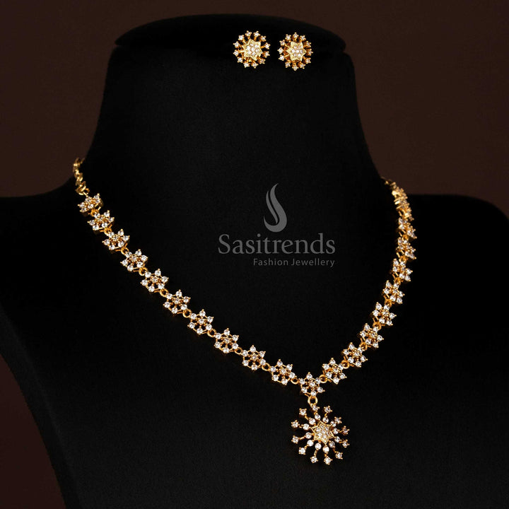 Classic American Diamond Micro Gold Plated White Star Pattern Floral Necklace Jewellery Set With Real Gold Like Gloss And Textured Stone Arrangement - Sasitrends