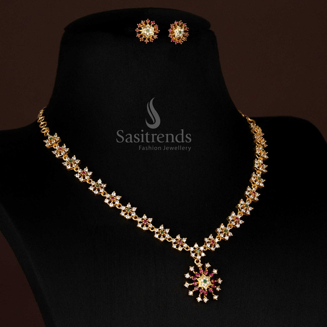 Colourful American Diamond Micro Gold Plated Multi Tone Star Pattern Floral Necklace Jewellery Set With Kemp Accents And Radiant Lustre - Sasitrends