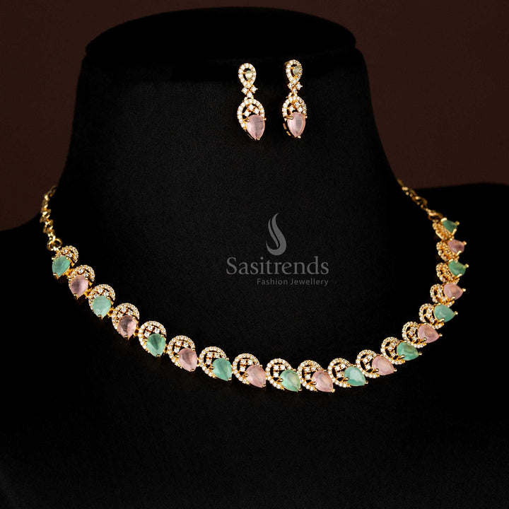 Full view of elegant Pink Mint American Diamond micro gold plated teardrop shaped jewellery set, including necklace and matching earrings, perfect for grand occasions - Sasitrends