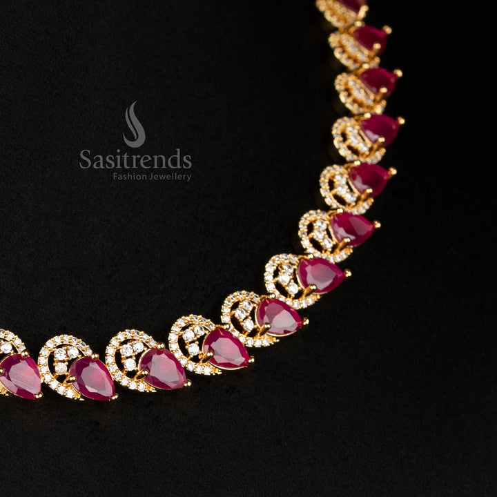 Detailed view of sparkling American Diamond micro gold plated necklace with intricate alternating teardrop design  - Sasitrends