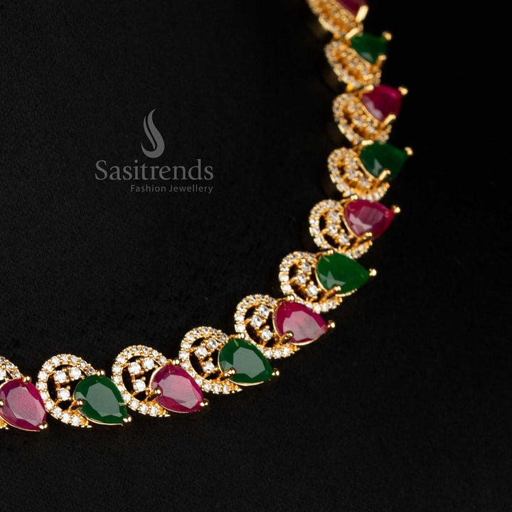 Detailed view of sparkling American Diamond micro gold plated necklace with intricate alternating teardrop design  - Sasitrends