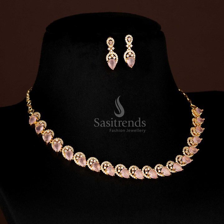 Full view of elegant pink  American Diamond micro gold plated teardrop shaped jewellery set, including necklace and matching earrings, perfect for grand occasions - Sasitrends