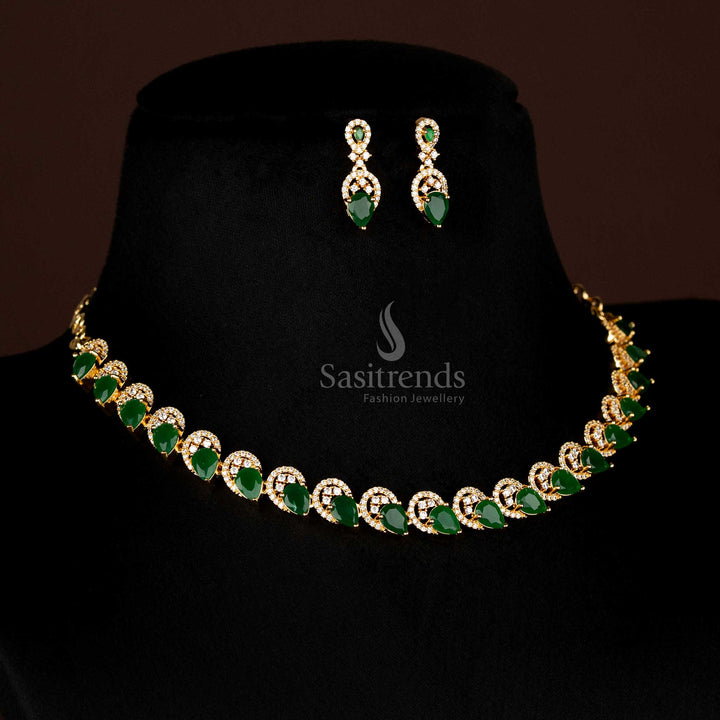 Full view of elegant Green American Diamond micro gold plated teardrop shaped jewellery set, including necklace and matching earrings, perfect for grand occasions - Sasitrends