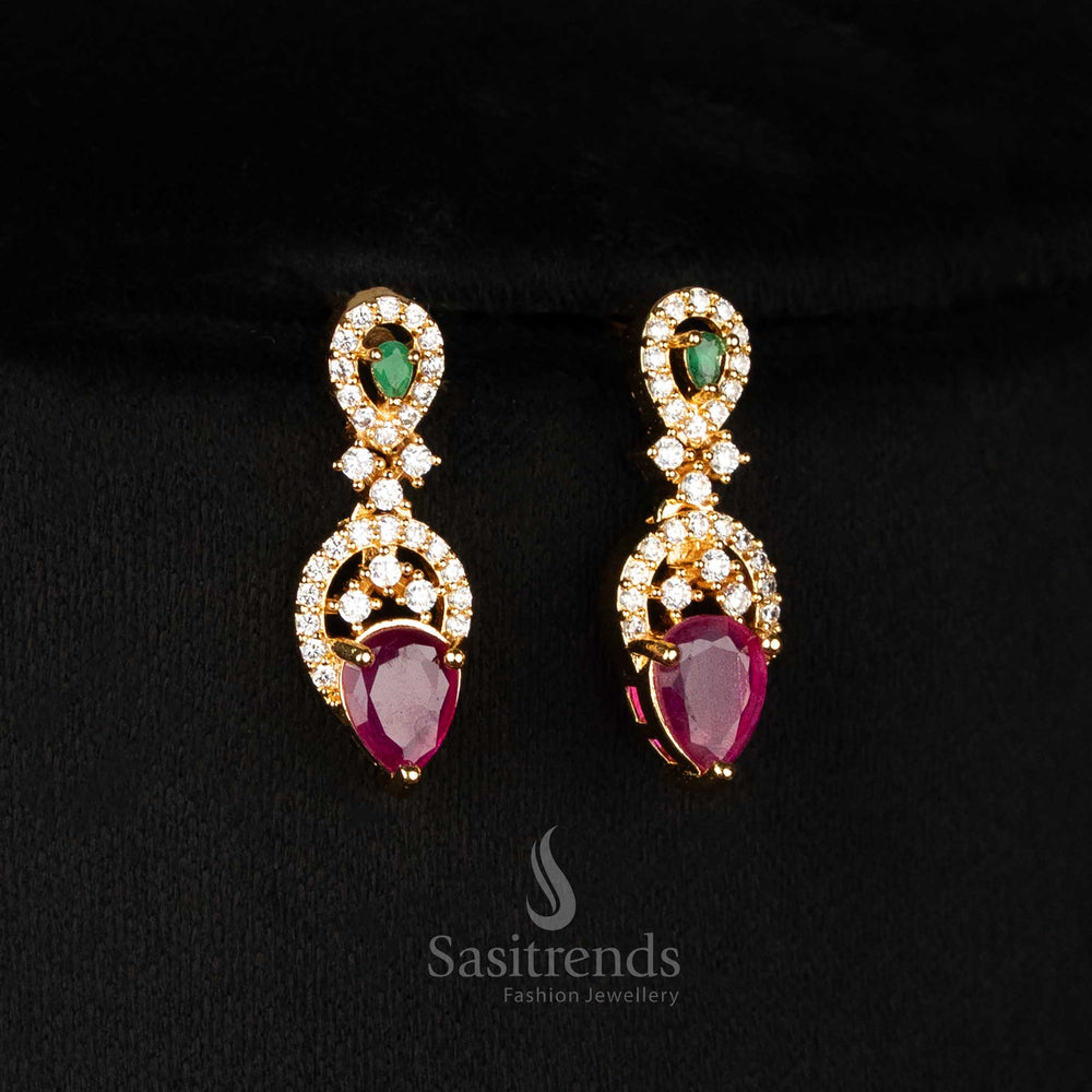 Close-up of dazzling American Diamond micro gold plated drop earrings with alternating teardrop accents, SKU 2572E -Sasitrends