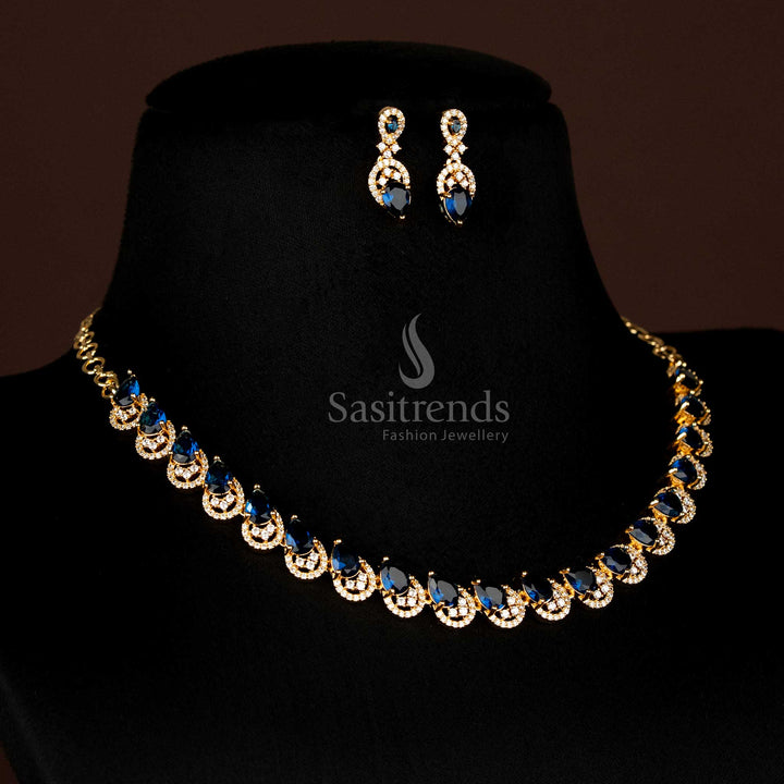 Full view of elegant Blue American Diamond micro gold plated teardrop shaped jewellery set, including necklace and matching earrings, perfect for grand occasions - Sasitrends