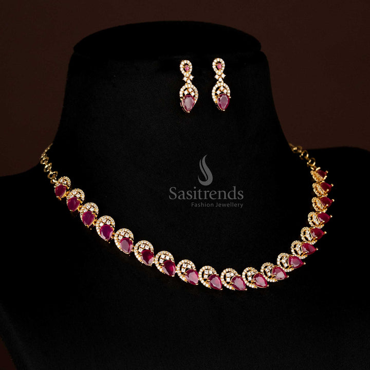 Full view of elegant Ruby American Diamond micro gold plated teardrop shaped jewellery set, including necklace and matching earrings, perfect for grand occasions - Sasitrends