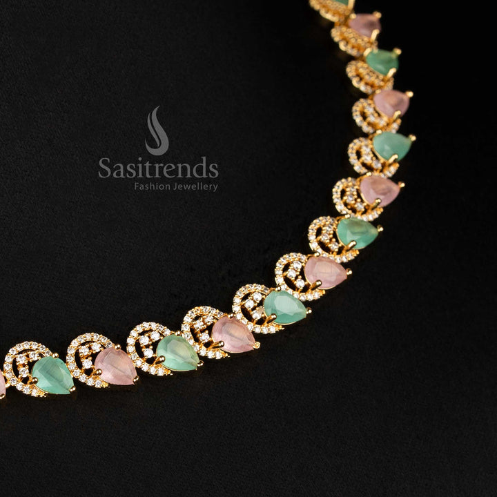 Detailed view of sparkling American Diamond micro gold plated necklace with intricate alternating teardrop design  - Sasitrends