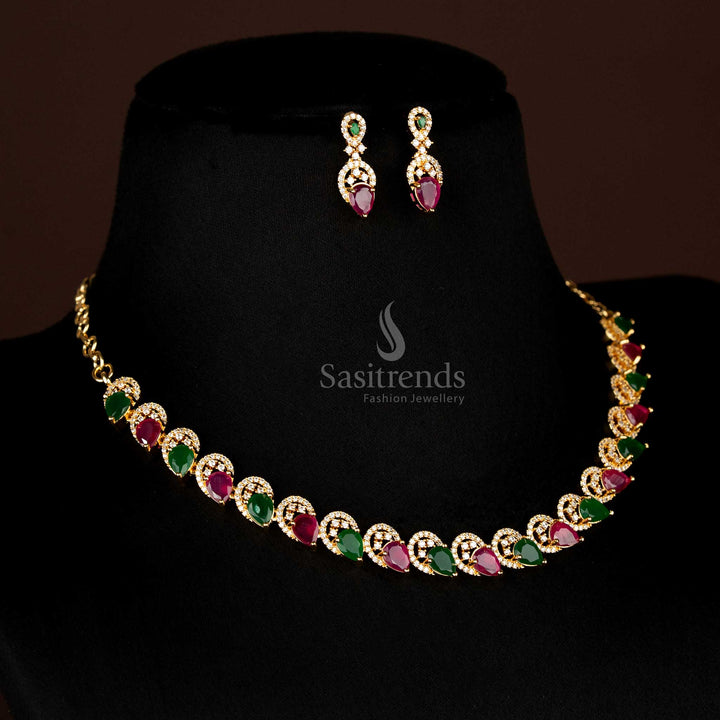 Full view of elegant Ruby Green American Diamond micro gold plated teardrop shaped jewellery set, including necklace and matching earrings, perfect for grand occasions - Sasitrends