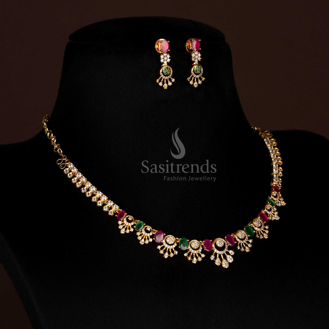 Full view of elegant American Diamond micro gold plated necklace set with grand modular design structure, featuring repeating oval and fanned motifs with intricate detail, and matching earrings, perfect for traditional events - Sasitrends