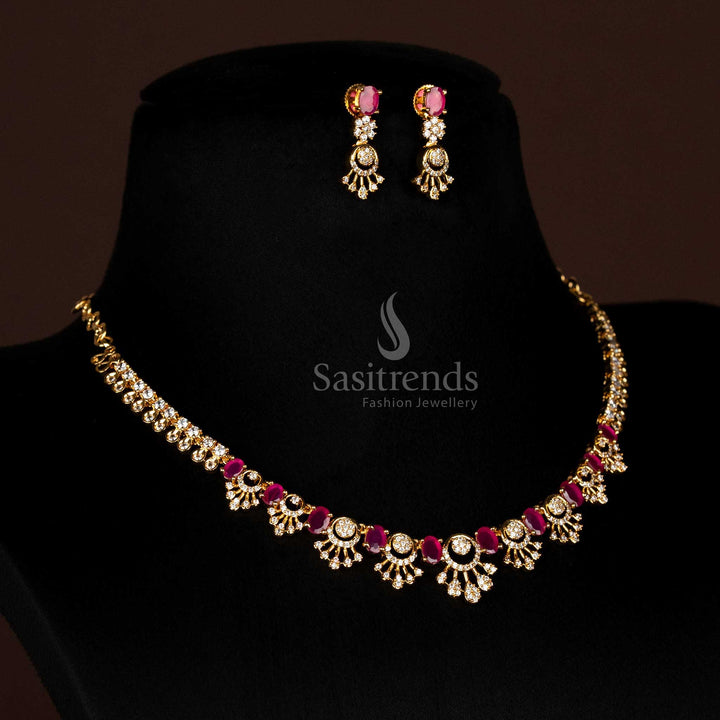 Detailed view of sparkling American Diamond micro gold plated necklace, highlighting the alternating oval gem elements and precisely set ADs within the fanned structures, emphasizing its unique modular and articulated composition.