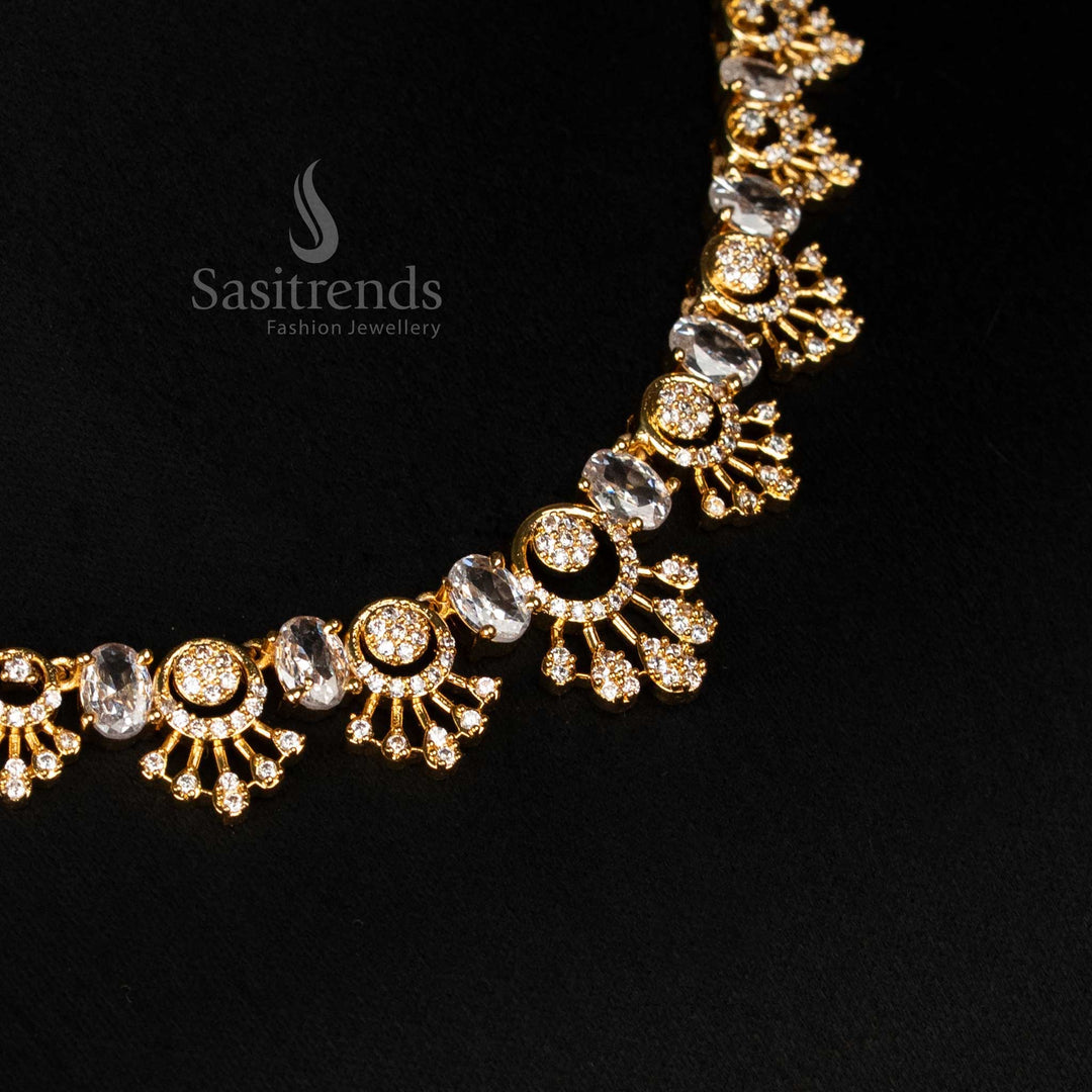 Detailed view of sparkling American Diamond micro gold plated necklace, highlighting the alternating oval gem elements and precisely set ADs within the fanned structures, emphasizing its unique modular and articulated composition - Sasitrends