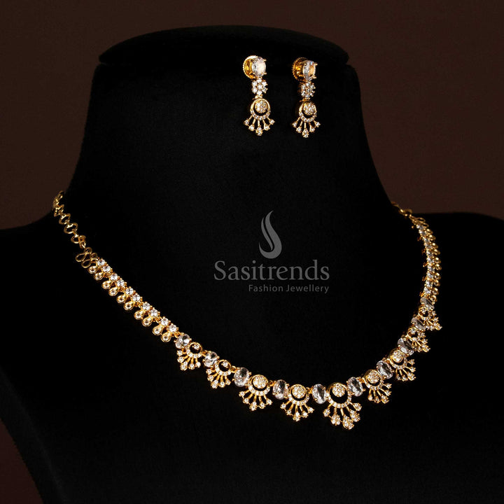 Full view of elegant American Diamond micro gold plated necklace set with grand modular design structure, featuring repeating oval and fanned motifs with intricate detail, and matching earrings, perfect for traditional events - Sasitrends
