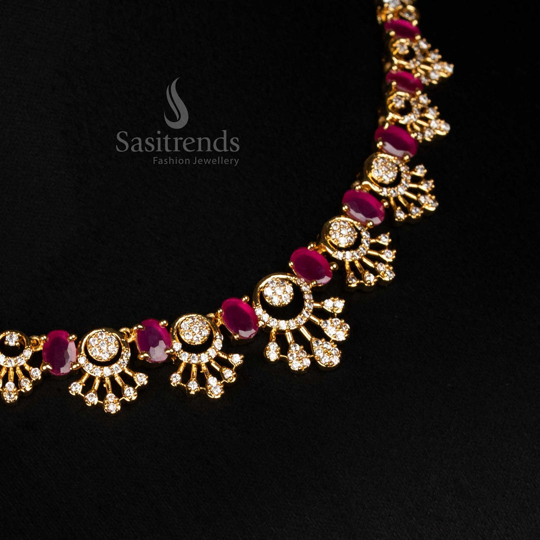 Detailed view of sparkling American Diamond micro gold plated necklace, highlighting the alternating oval gem elements and precisely set ADs within the fanned structures, emphasizing its unique modular and articulated composition - Sasitrends