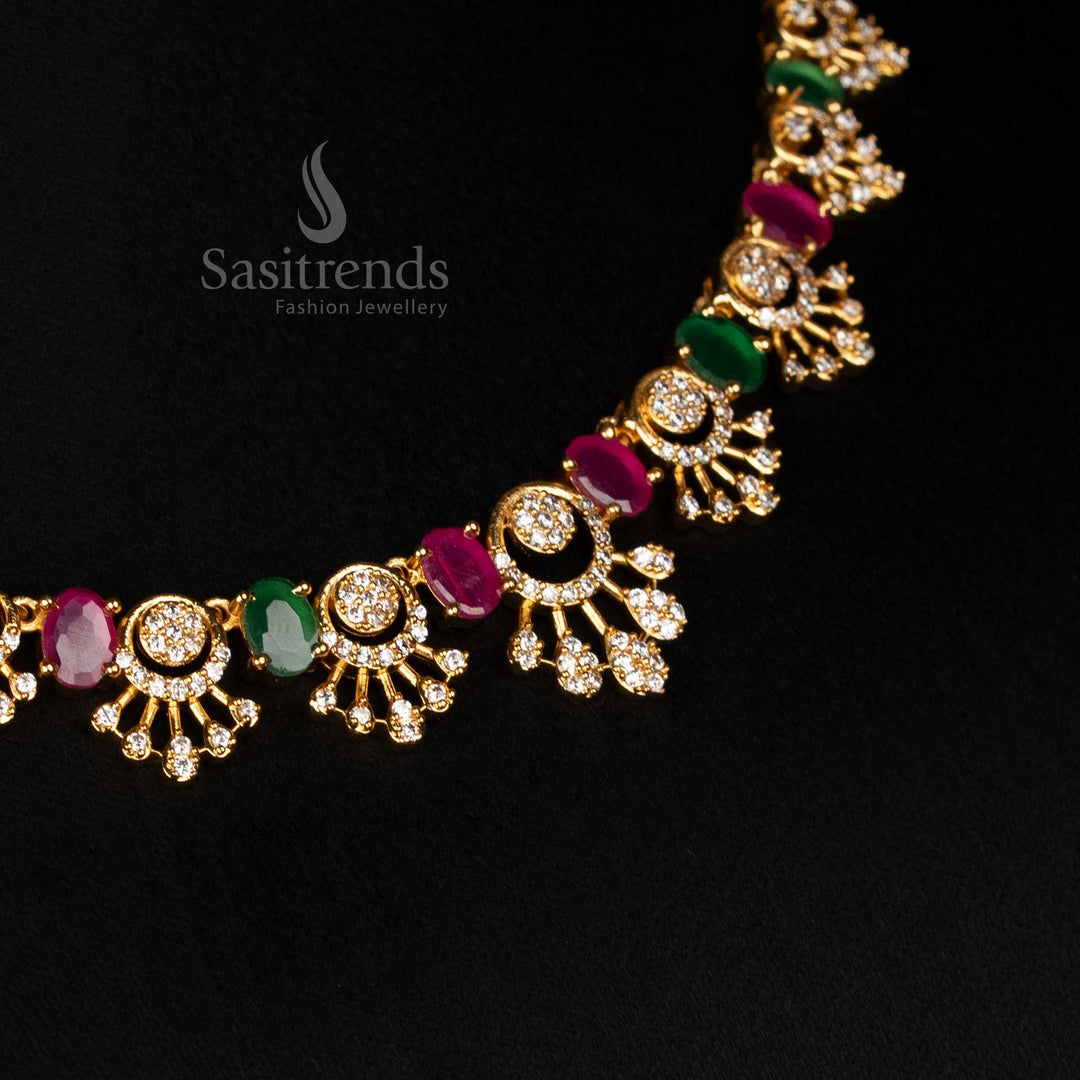 Detailed view of sparkling American Diamond micro gold plated necklace, highlighting the alternating oval gem elements and precisely set ADs within the fanned structures, emphasizing its unique modular and articulated composition - Sasitrends