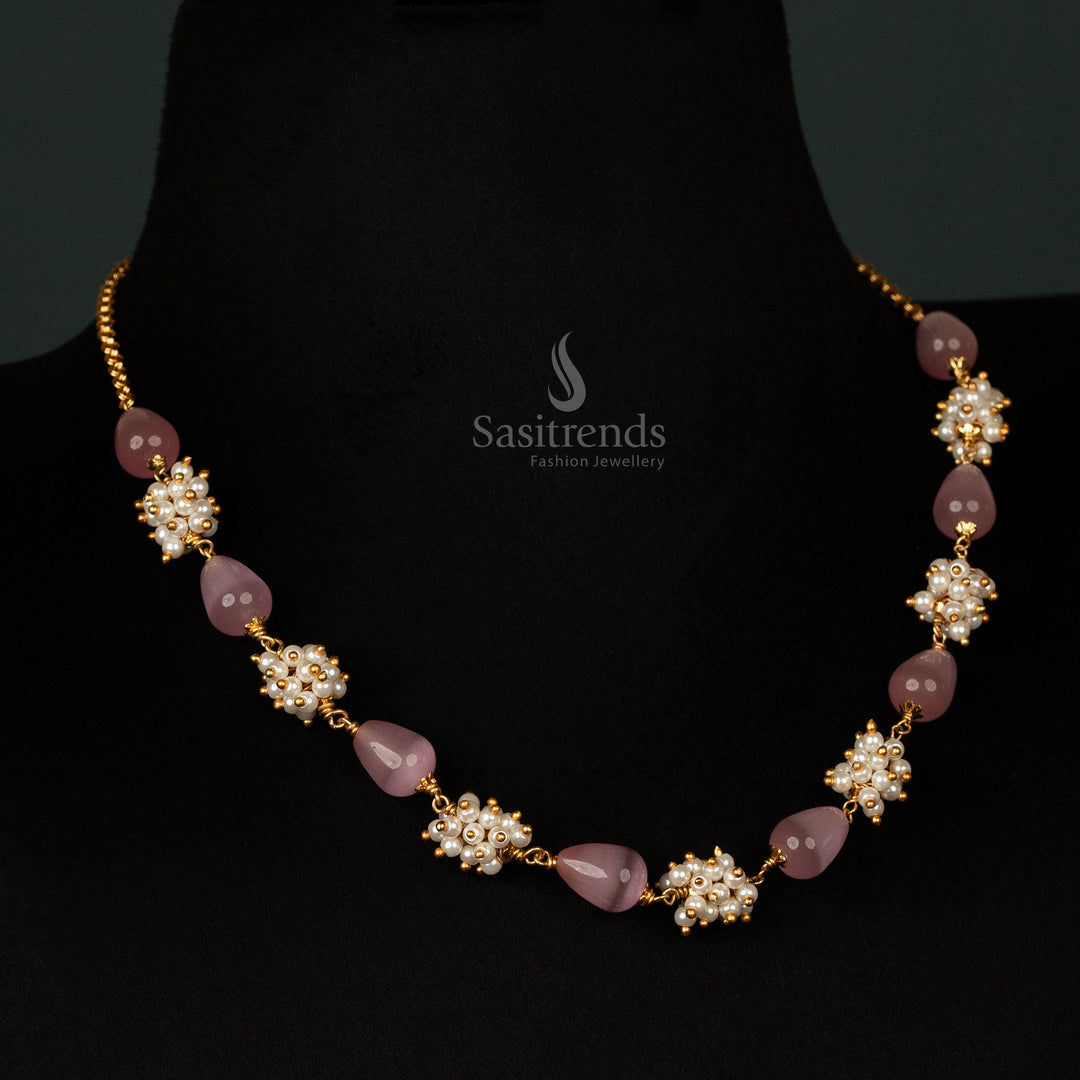Luxurious radiant pink micro gold plated pearl cluster mala necklace, crafted with classic ethnic aesthetics, blending tradition with elegance for a timeless jewellery masterpiece - Sasitrends