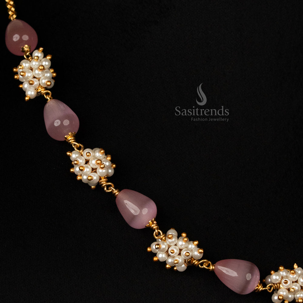 Exquisite soft pink beads micro gold plated pearl mala necklace, designed for bridal and festive occasions, radiating grace and sophistication in jewellery craftsmanship - Sasitrends