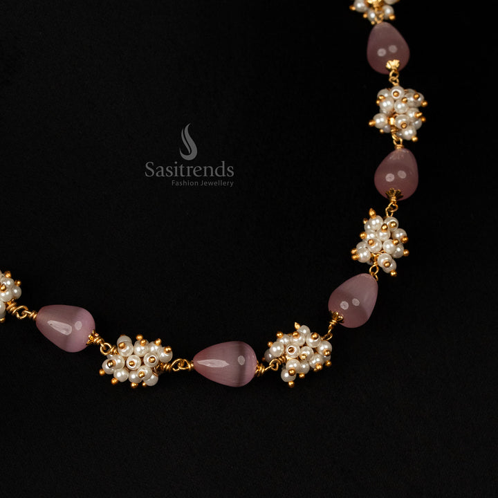 Elegant blush pink beads micro gold plated pearl cluster mala necklace, beautifully designed with a traditional royal touch, making it a perfect festive jewellery piece - Sasitrends