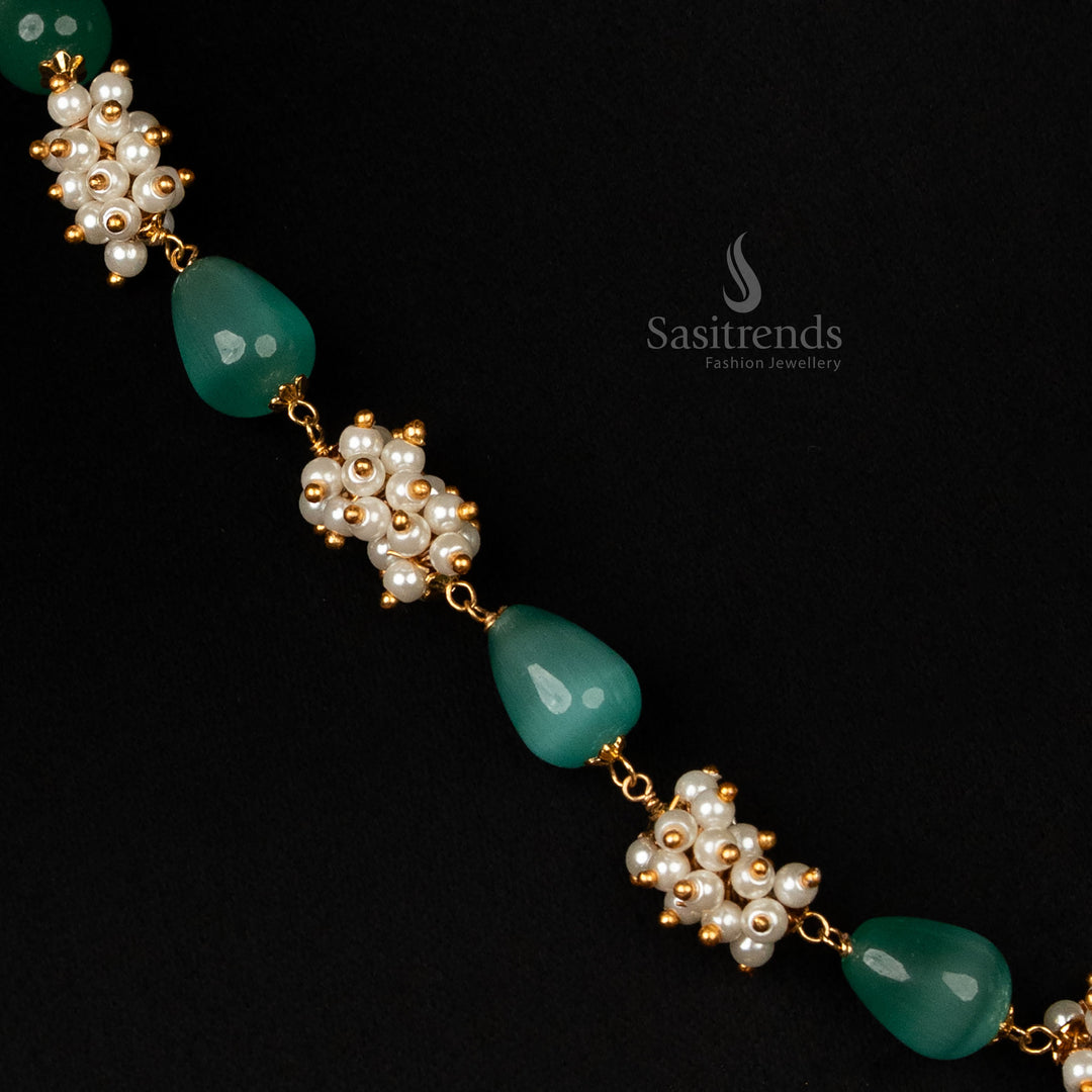 Stunning seafoam mint micro gold plated pearl cluster mala necklace, featuring a delicately handcrafted design, perfect for bridal and festive jewellery collections - Sasitrends