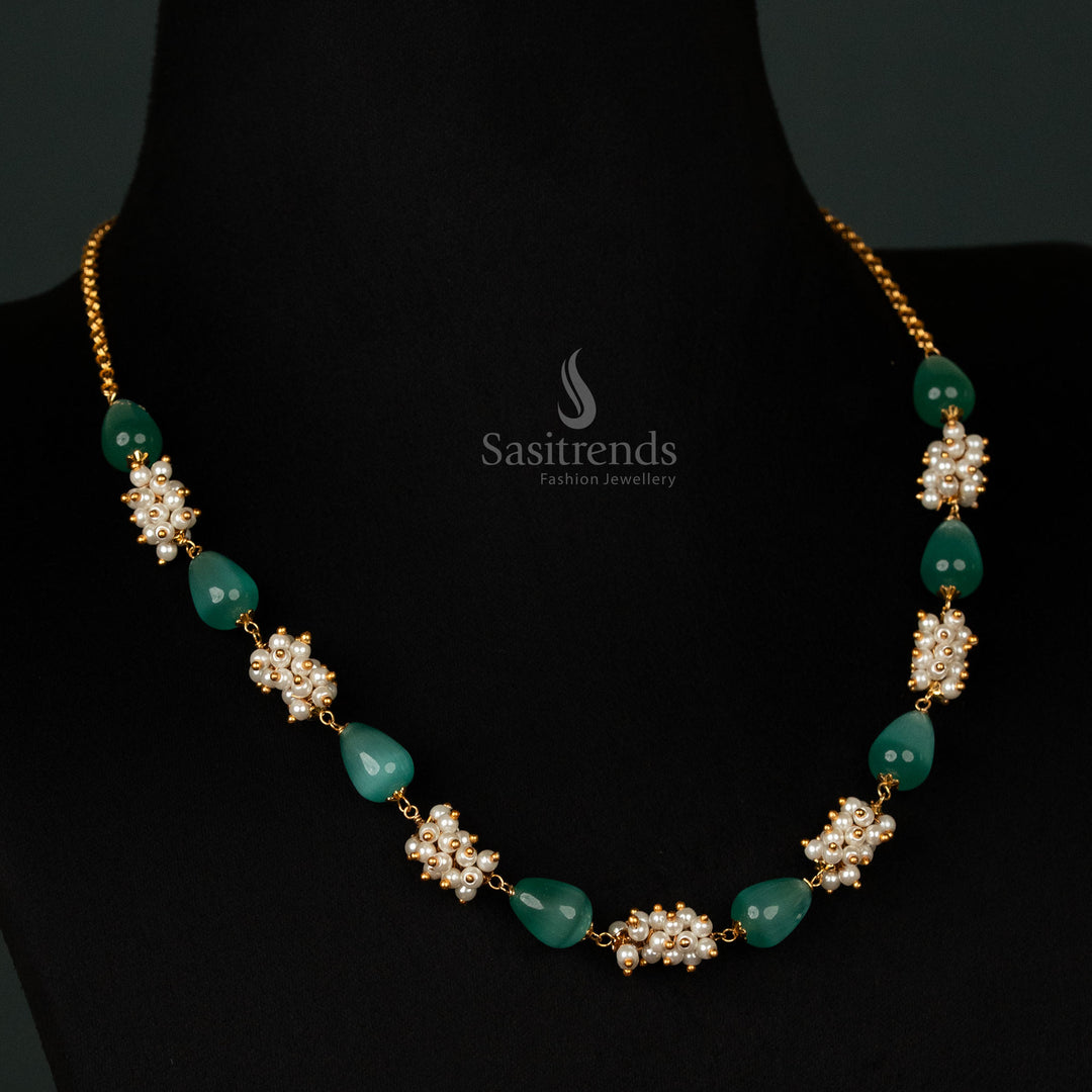 Regal emerald mint micro gold plated pearl cluster mala necklace, a luxurious festive jewellery piece, blending rich green hues with a majestic traditional aesthetic - Sasitrends
