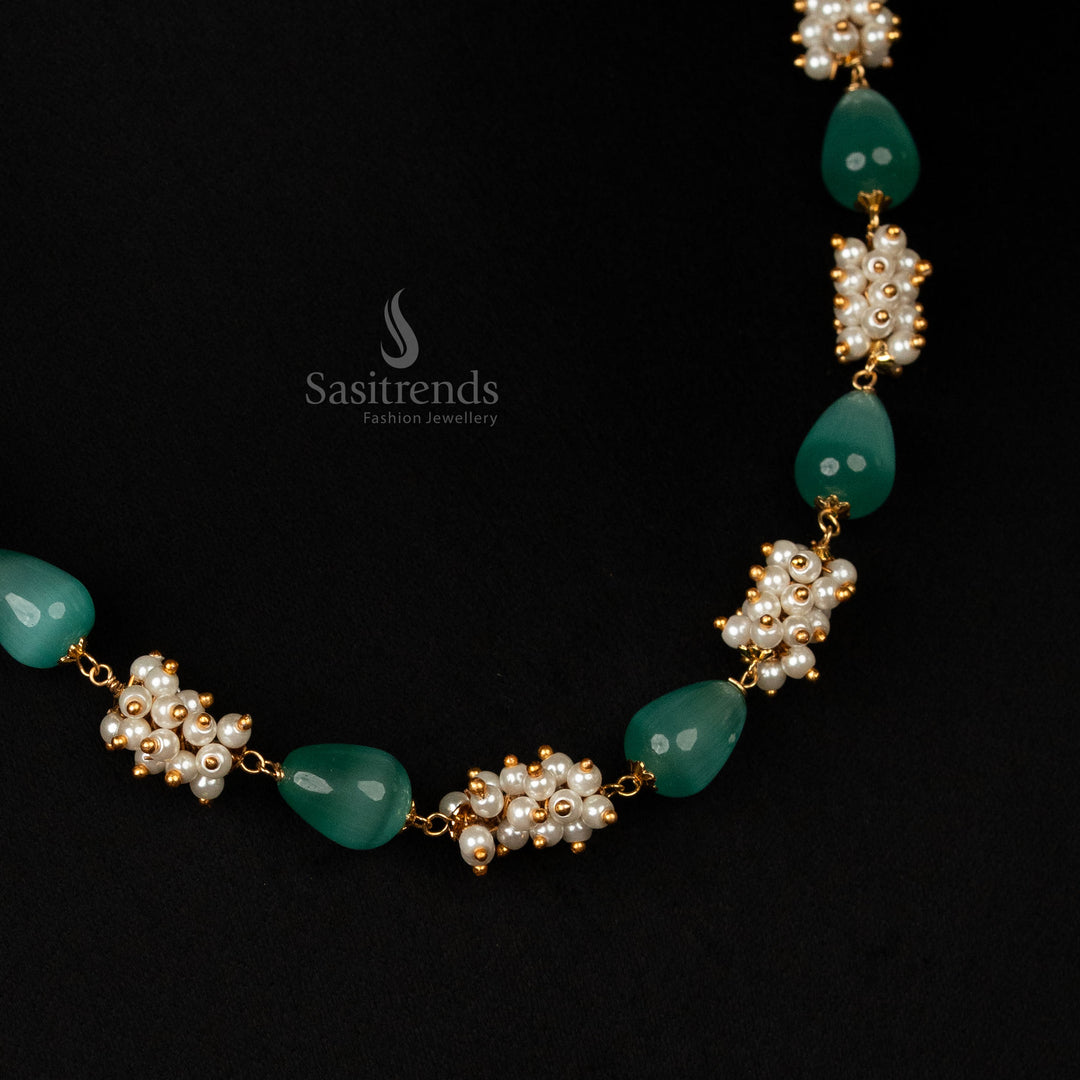 Serene mint green beads micro gold plated pearl cluster mala necklace, enriched with a grand traditional design, making it a graceful jewellery piece for special occasions - Sasitrends