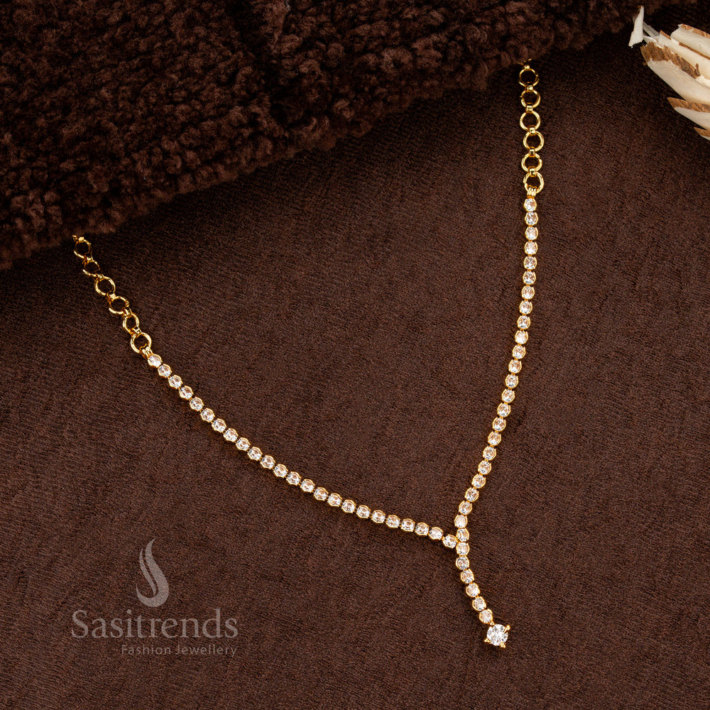 Radiant and charming micro gold-finish necklace adorned with round-cut white American Diamond stones, perfect for festive and grand occasions - Sasitrends