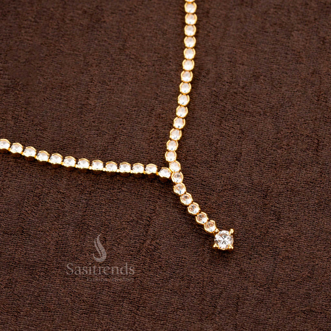 Handcrafted micro gold-plated necklace adorned with dazzling white American Diamond round stones, designed for an elegant and timeless party wear look - Sasitrends