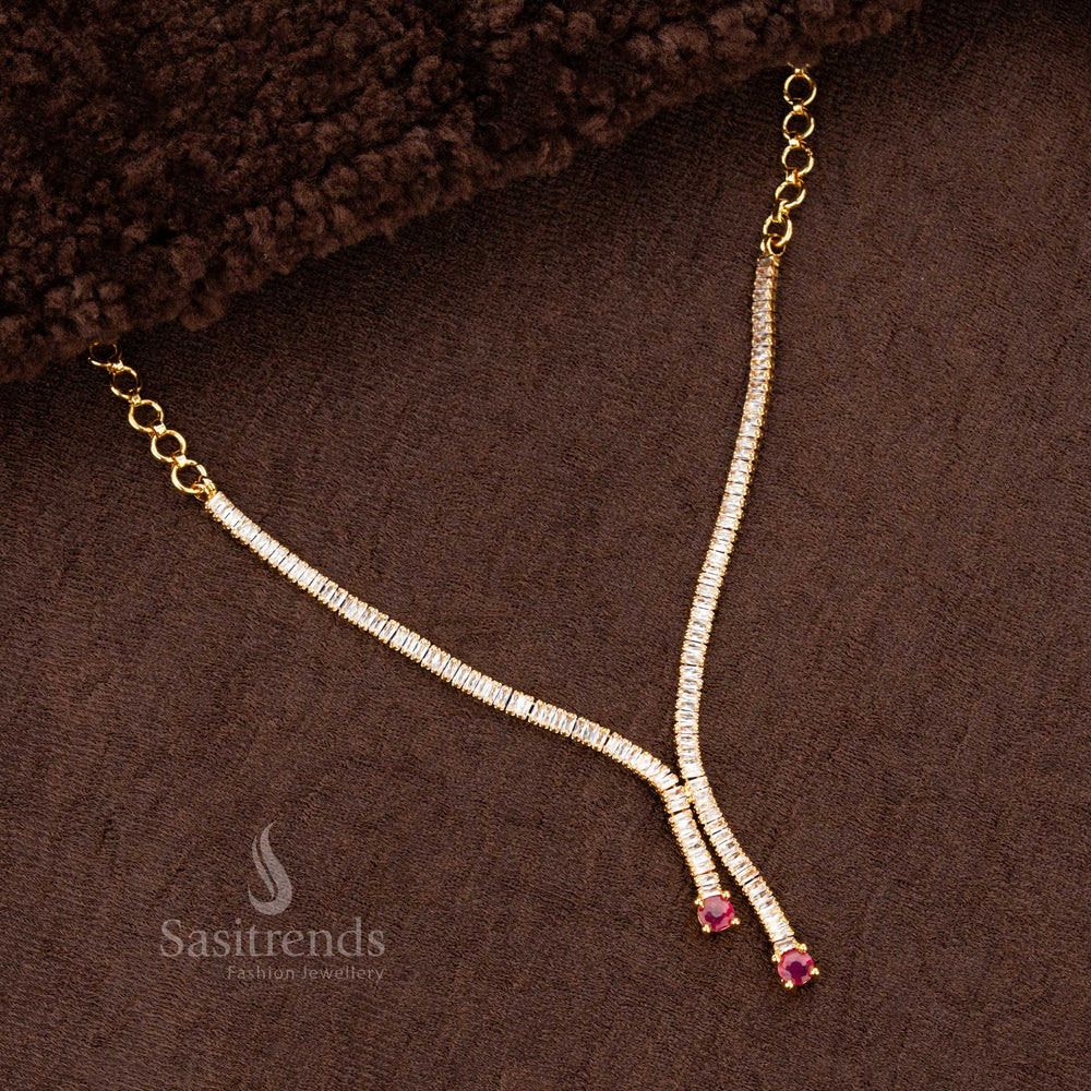Fashionable and classic micro gold-finish trendy necklace featuring an elegant blend of white and ruby rectangular American Diamond stones, perfect for teen party wear jewellery - Sasitrends