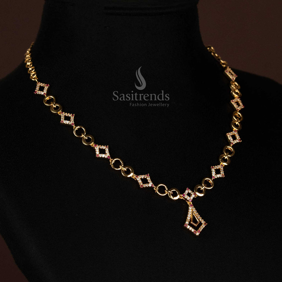 Full view of elegant White Ruby American Diamond micro gold plated geometric necklace, highlighting its unique design structure and central diamond-shaped pendant.